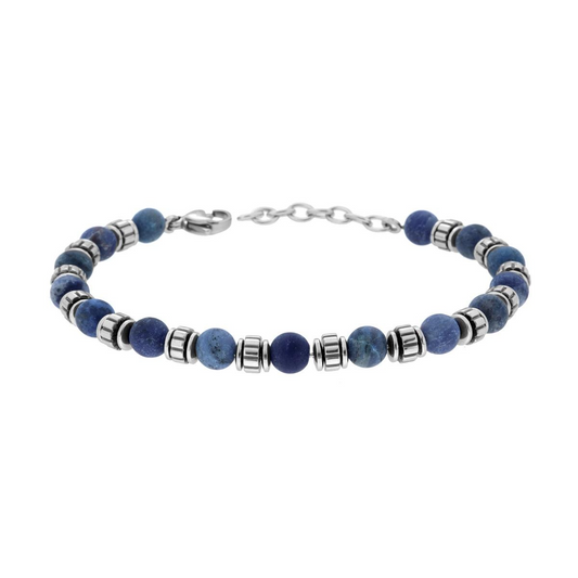 Bracciale da uomo con perle in lapislazzuli e sfere in acciaio.