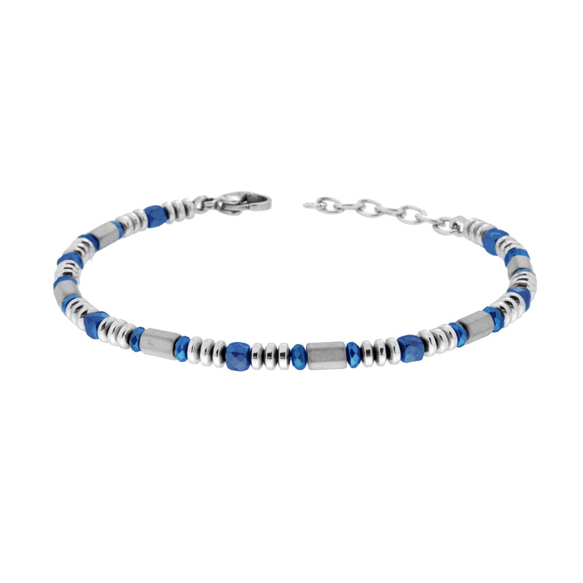 Bracciale da uomo con perle blu sfaccettate e perline in metallo argentato.