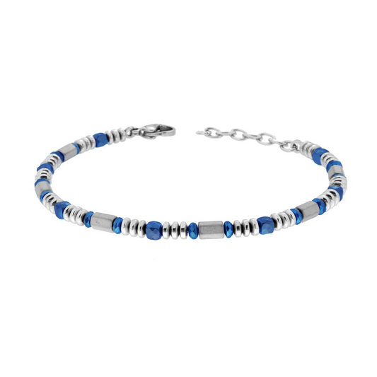 Bracciale da uomo con perle blu sfaccettate e perline in metallo argentato.