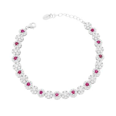 Bracciale tennis in argento con zirconi bianchi e pietre rosse a forma di cuore.
