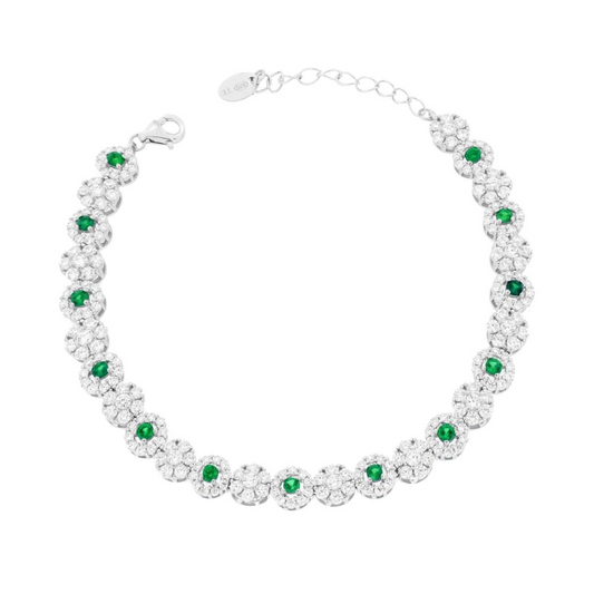 Bracciale tennis in argento con zirconi bianchi e smeraldi sintetici.