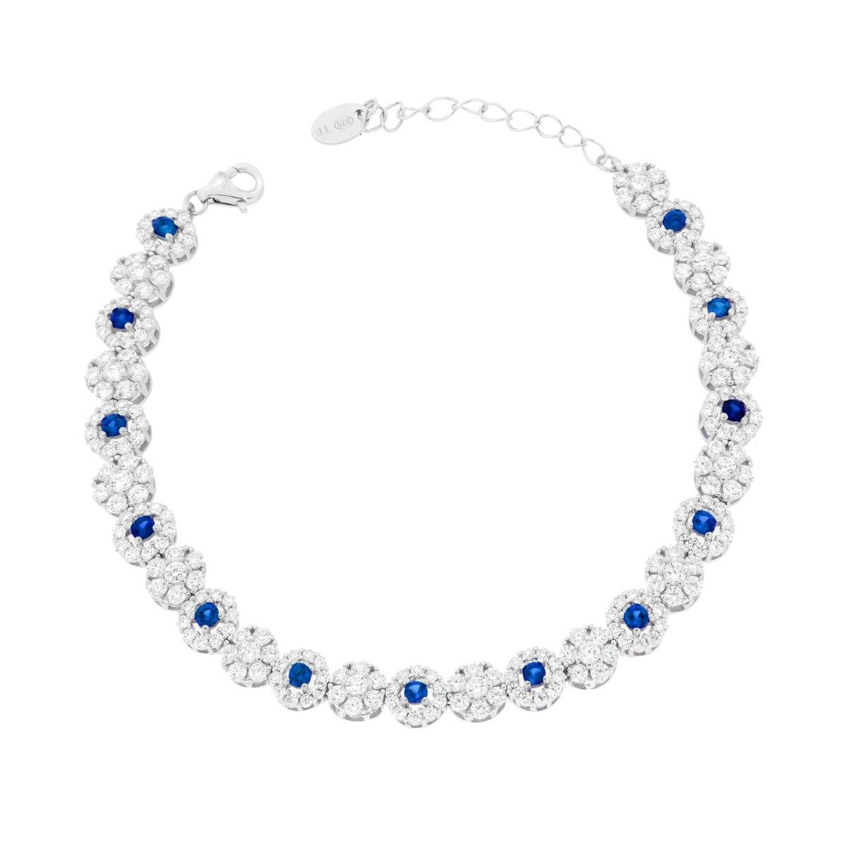 Bracciale tennis in argento con zirconi bianchi e pietre blu taglio tondo a formare dei fiori.