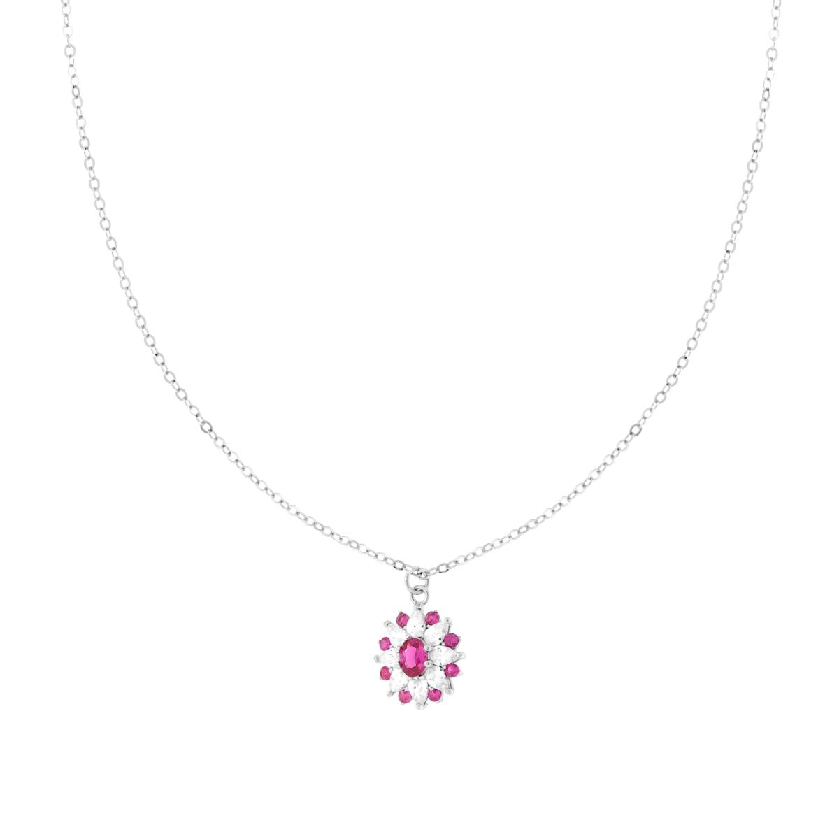 Collana in argento con ciondolo a forma di fiore, tempestato di rubini rosa e bianchi.