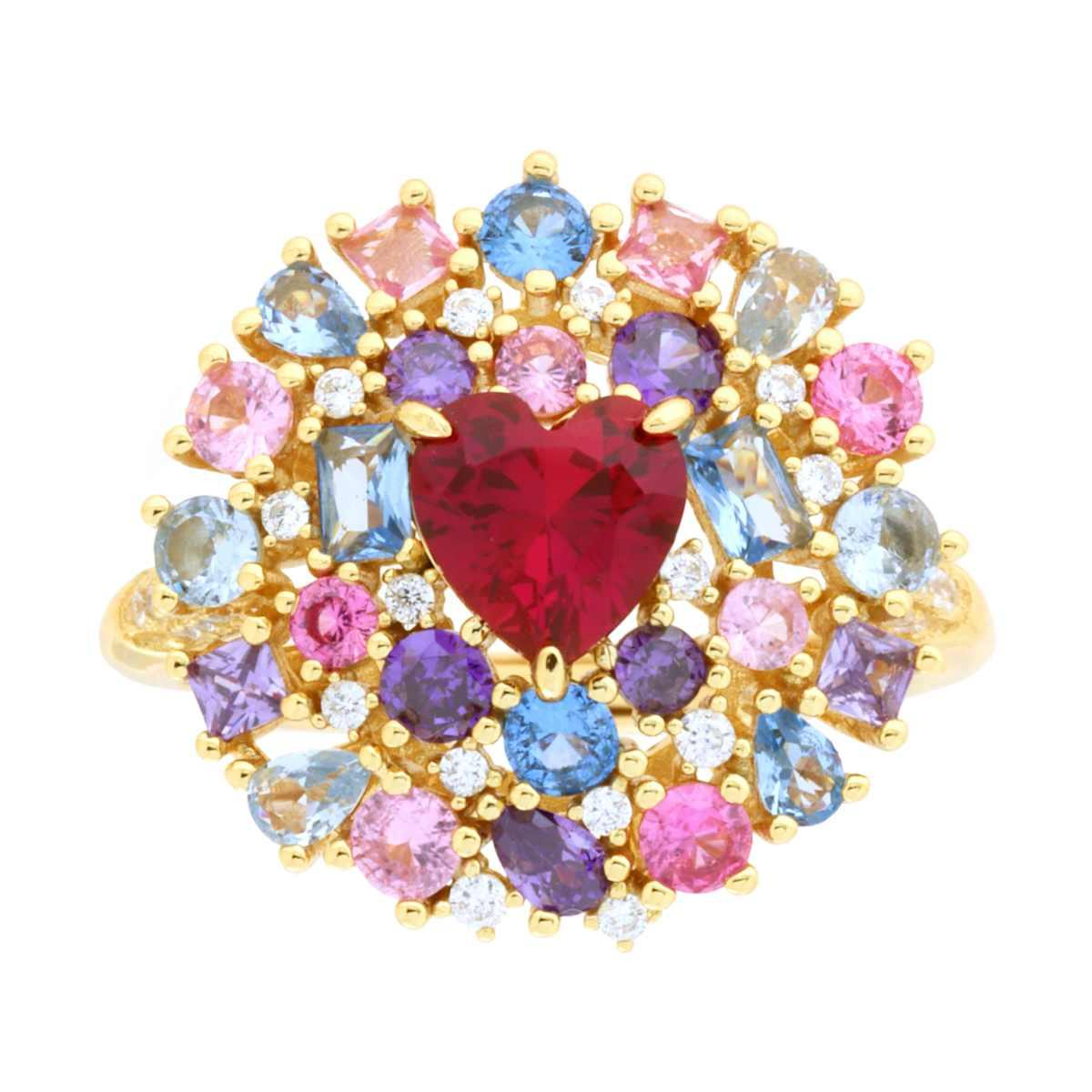 Anello in oro con zaffiro rosso a forma di cuore, circondato da zaffiri rosa, blu, gialli, viola e diamanti.