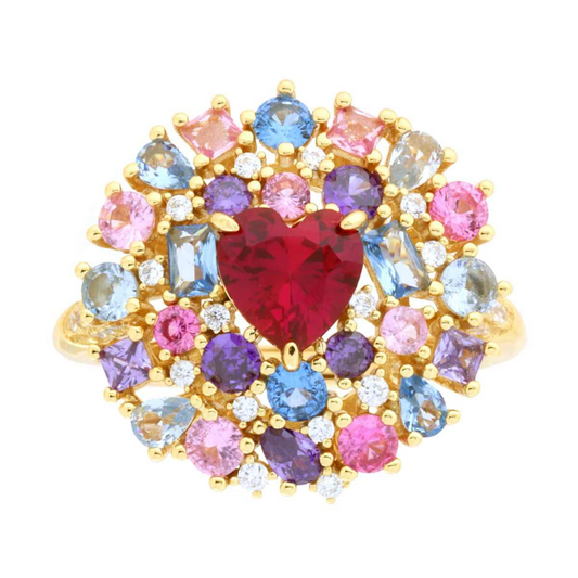 Anello in oro con zaffiro rosso a forma di cuore, circondato da zaffiri rosa, blu, gialli, viola e diamanti.