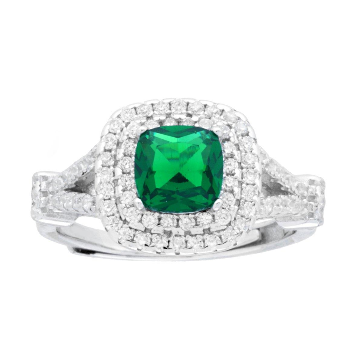 Anello in argento con smeraldo verde a taglio cuscino e contorno di diamanti su montatura con doppio pavé.