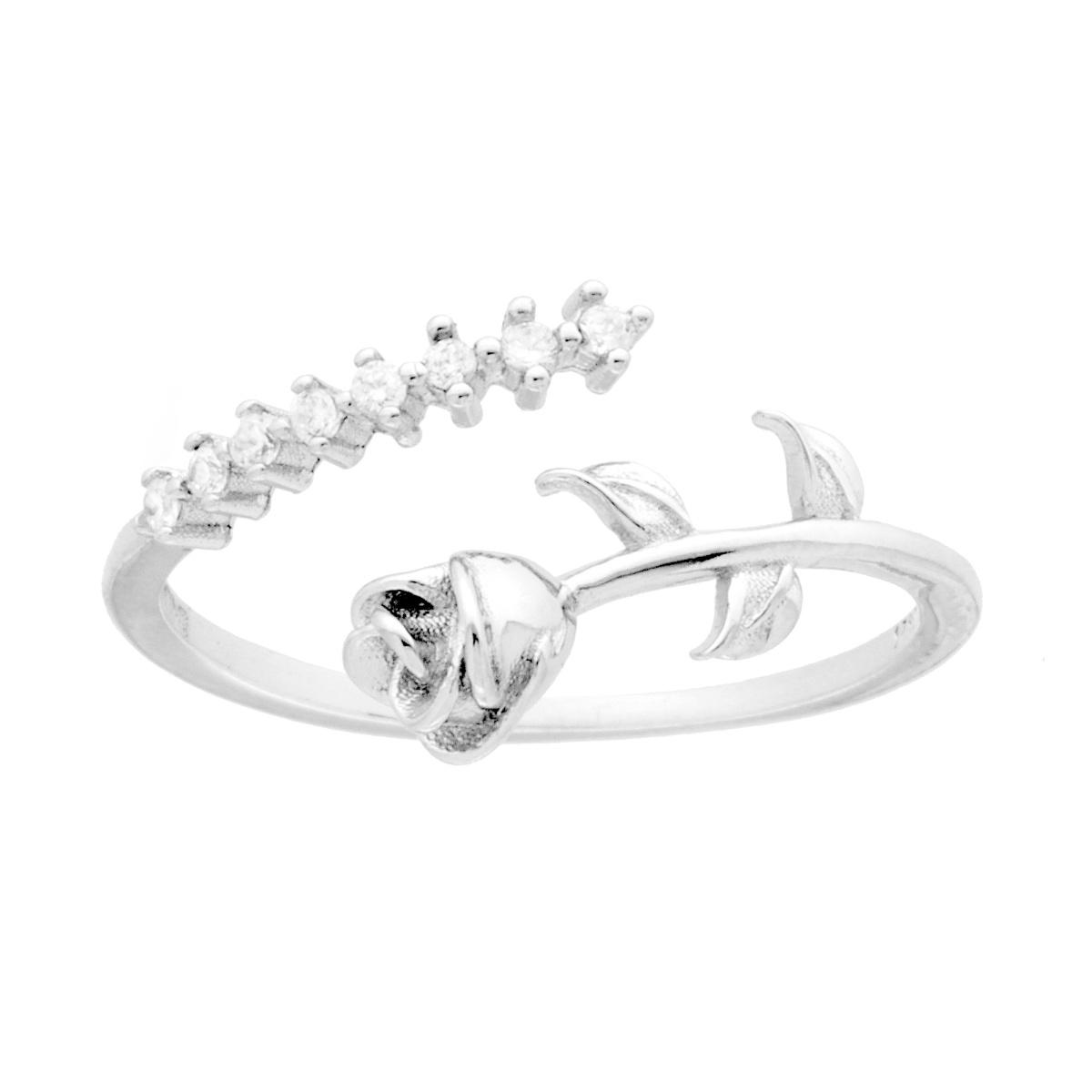 Anello a fascia aperta in argento con rosa e una fila di zirconi.