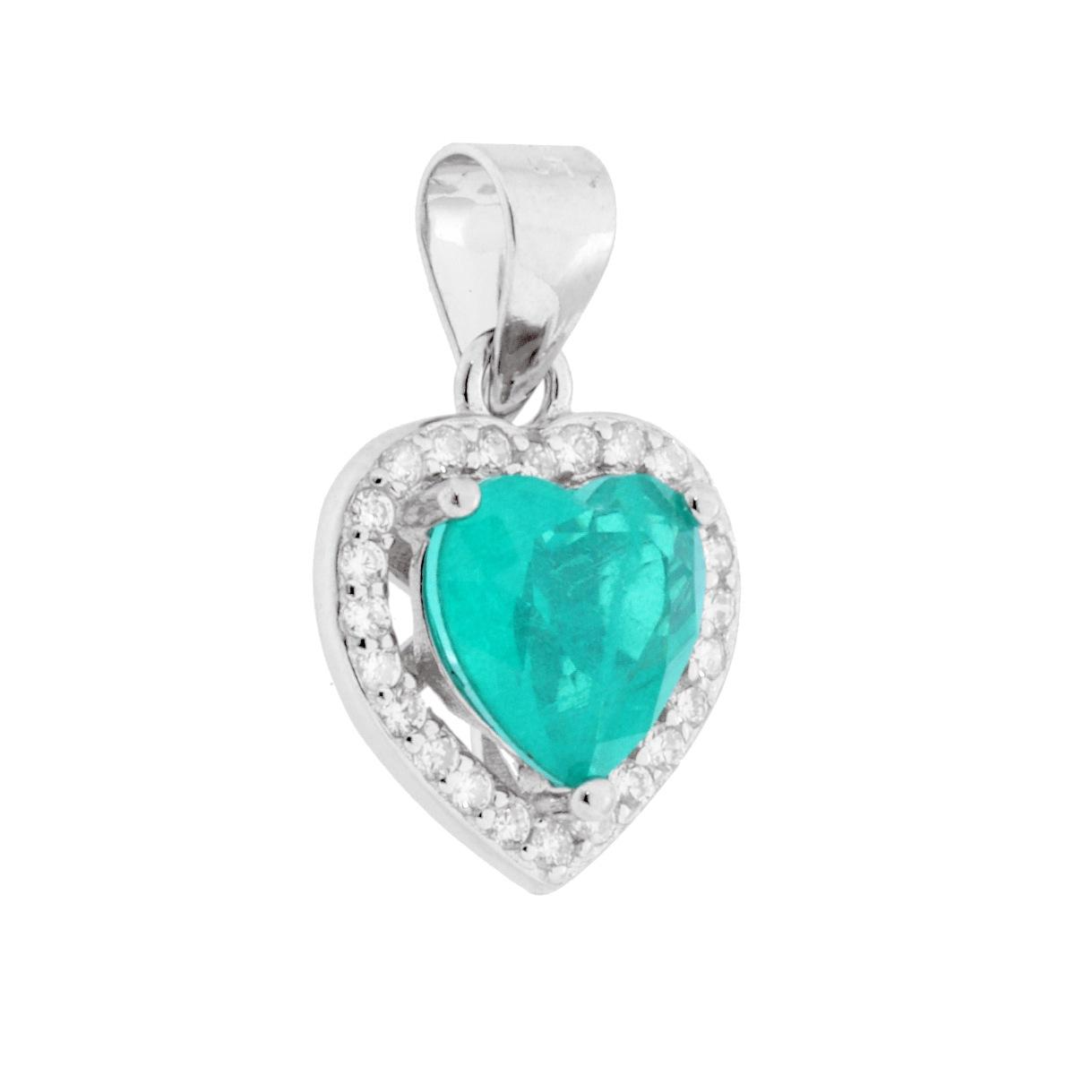 Ciondolo in oro bianco a forma di cuore con tormalina blu-verde e diamanti.