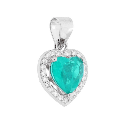 Ciondolo in oro bianco a forma di cuore con tormalina blu-verde e diamanti.