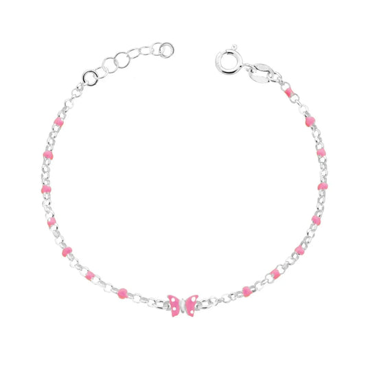 Braccialetto d'argento con maglie a catena e piccole perle rosa, decorato con una farfalla smaltata rosa.