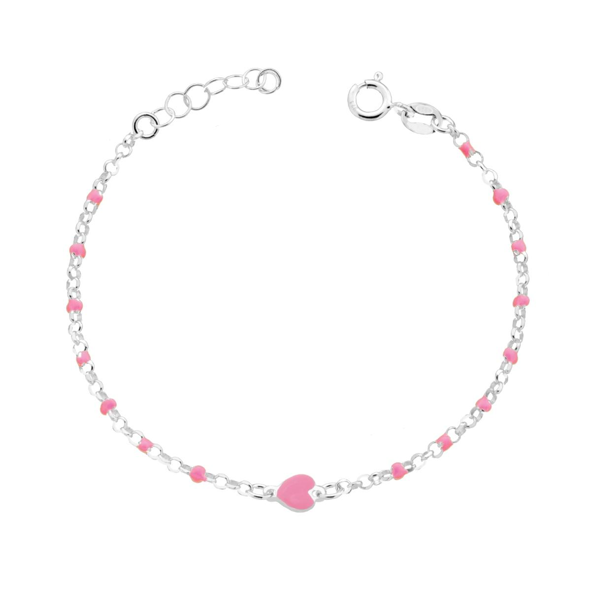 Braccialetto d'argento con una catena sottile e perline smaltate rosa, una delle quali a forma di cuore.