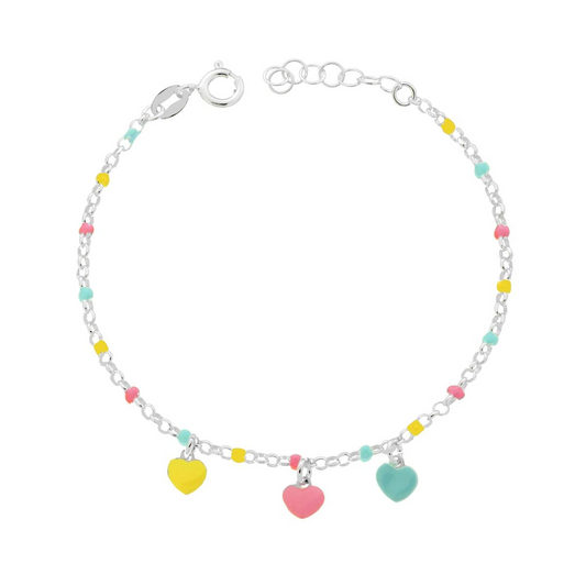 Braccialetto d'argento con cuori smaltati e perline colorate in giallo, rosa e azzurro.