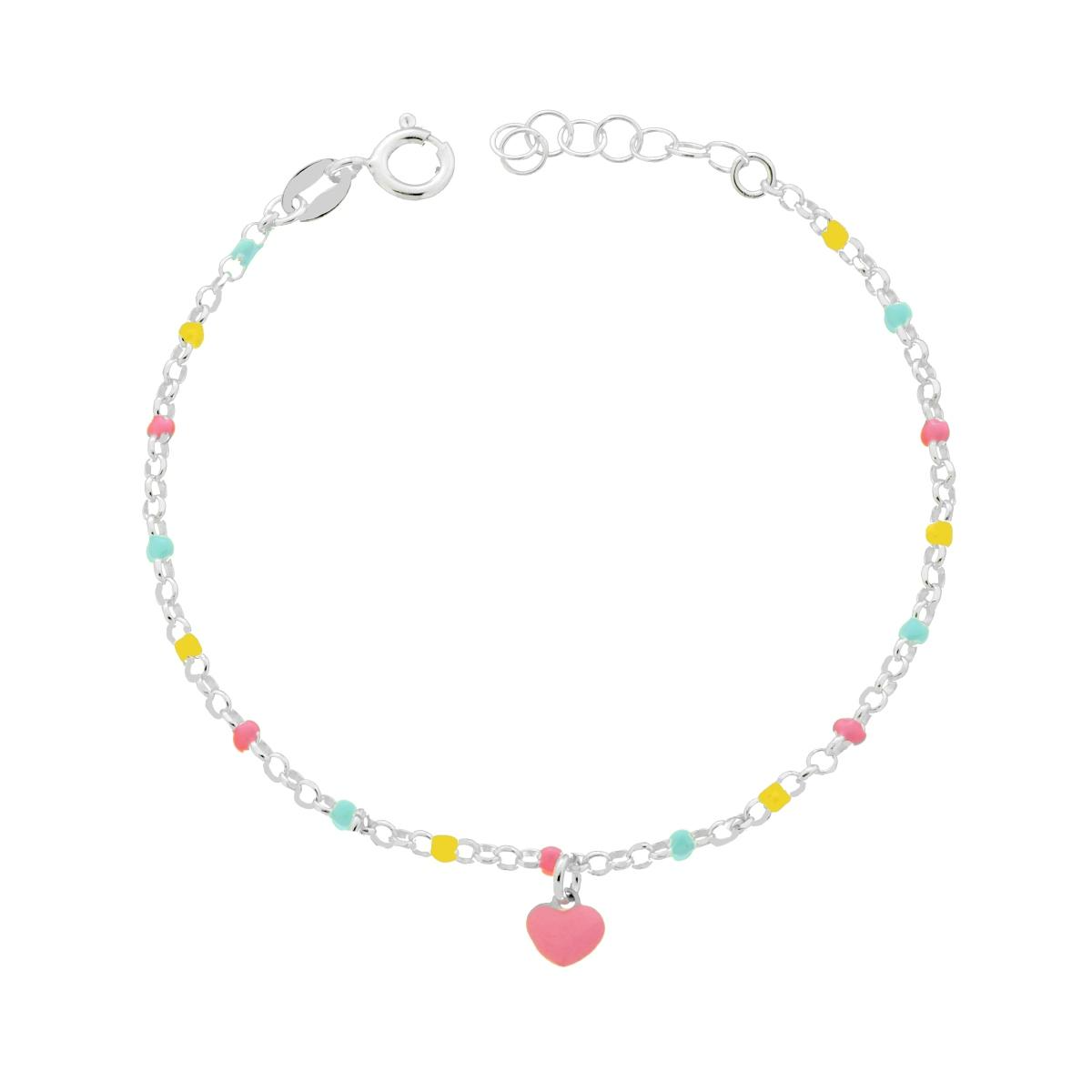 Braccialetto d'argento con piccole sfere colorate e un ciondolo a forma di cuore rosa.