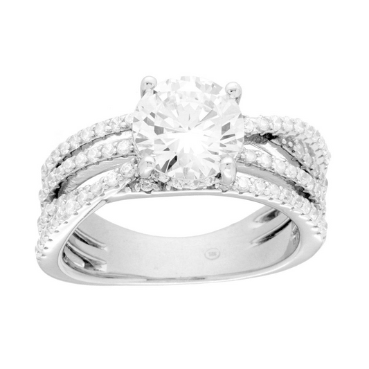 Anello in oro bianco con diamante centrale a taglio brillante e fasce intrecciate pavé di diamanti.