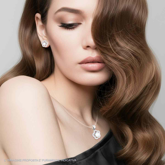 Parure Set Orecchini e Ciondolo Fiore con Tondo Bianco, Argento s925