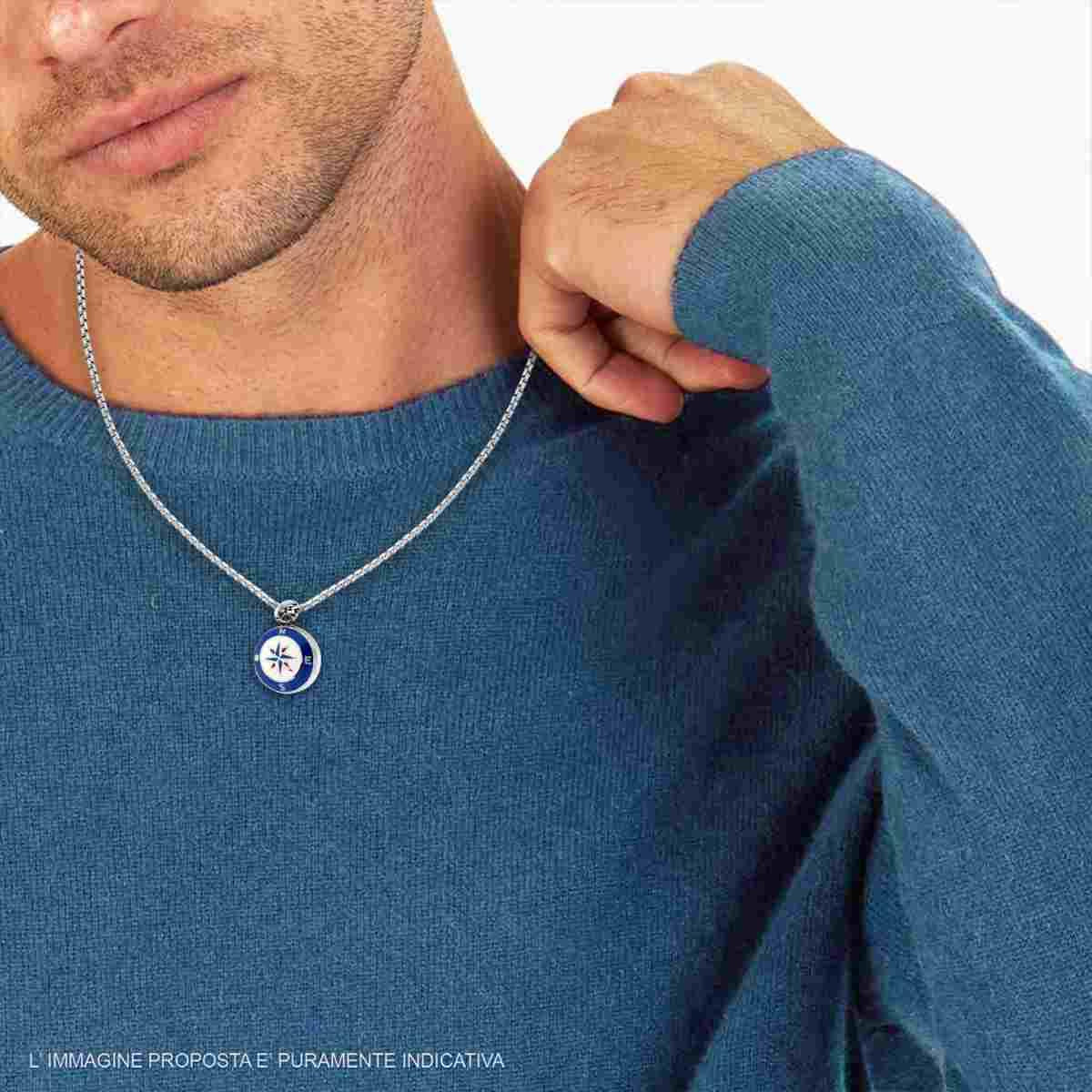 Collana UOMO con Rosa dei Venti Smalto Bianco e Blu, in ACCIAIO