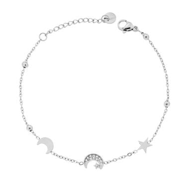 Bracciale con Luna / Stelle e Crystal Bianchi, in ACCIAIO inox