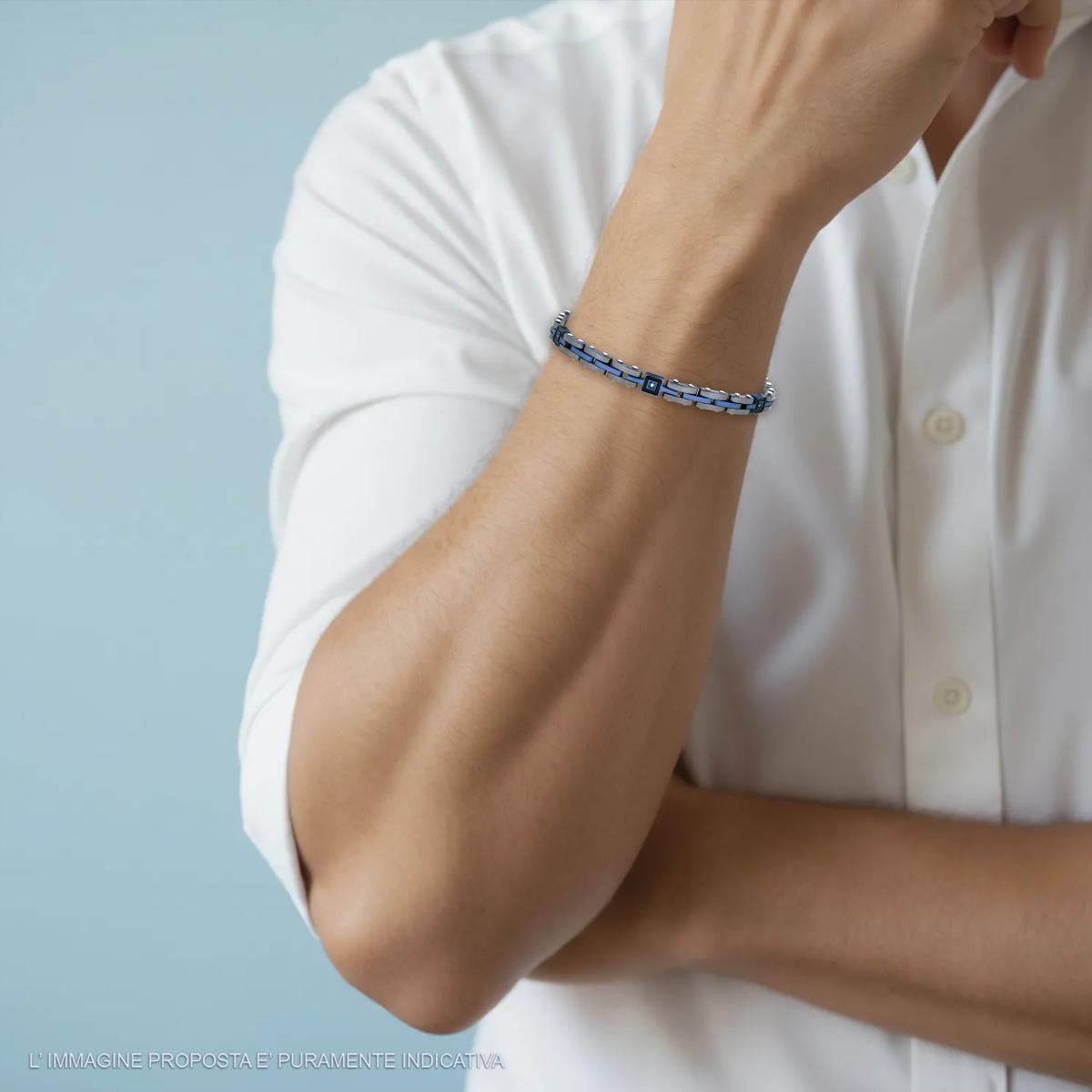 Bracciale Uomo Maglia Imperniata in Ceramica Antracite e Blu, Acciaio Inox