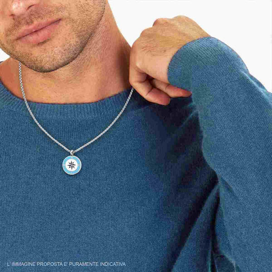 Collana UOMO con Rosa dei Venti Smalto Bianco e Turchese, in ACCIAIO