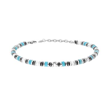 Bracciale Anelli e Cilindretti Pietre Bianco, Howlite e Turchese, in ACCIAIO inox