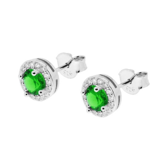 Orecchini a perno in argento 925 con gemma verde centrale circondata da zirconi bianchi.