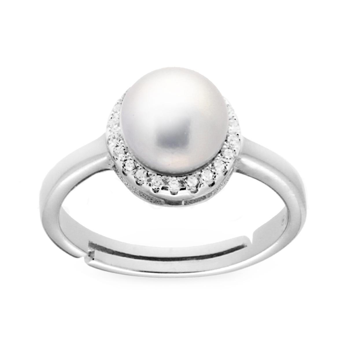 Anello con Perla e Zirconi Bianchi a giro, in Argento S925