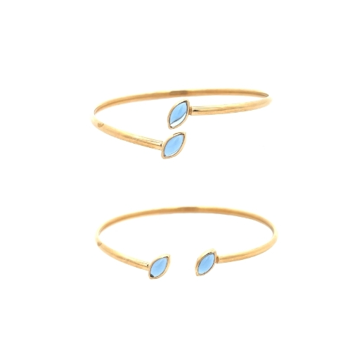 Bracciale in oro con due pietre azzurre a forma di navetta, visto da due angolazioni
