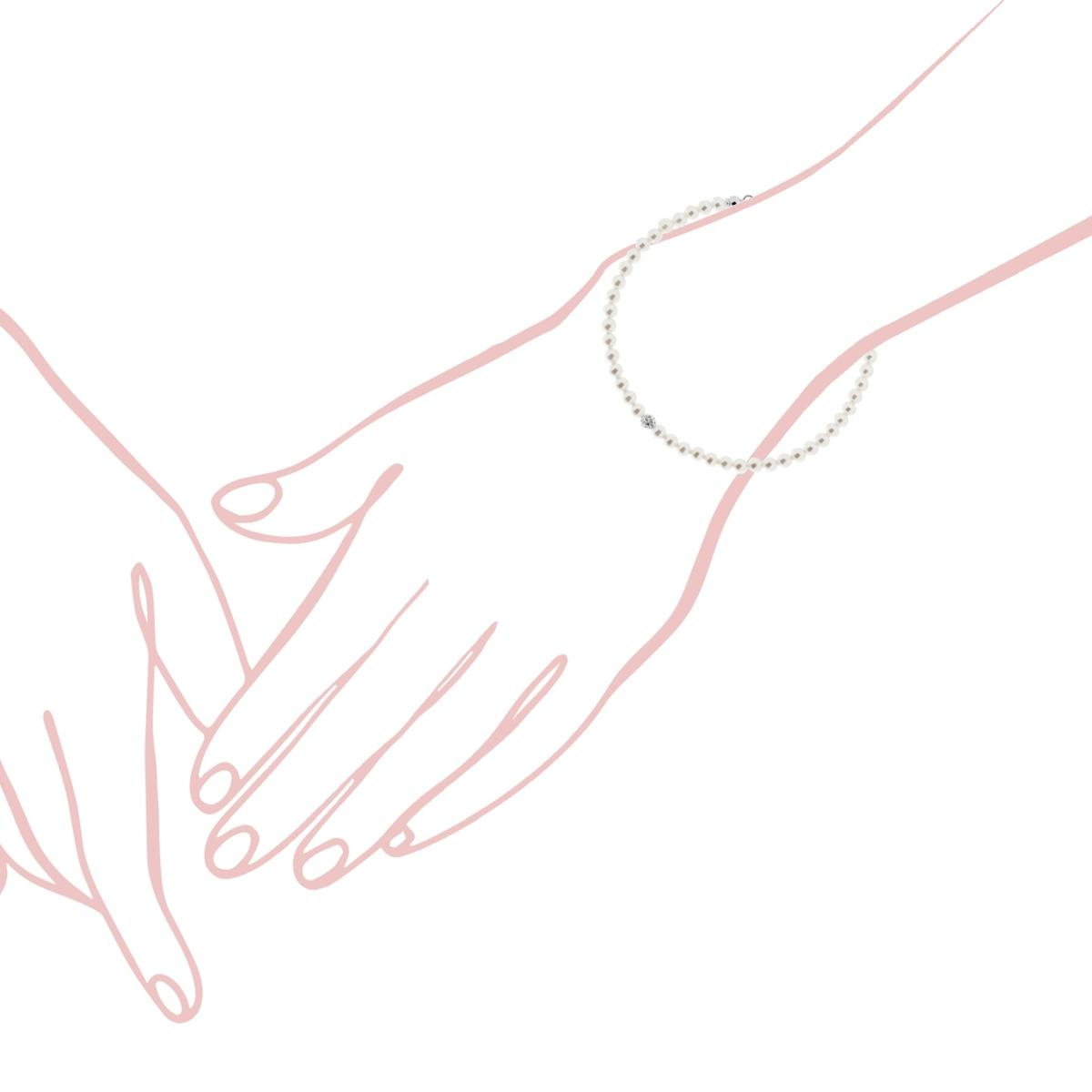 Una mano con un braccialetto di perle e diamanti tiene la mano di un'altra persona.
