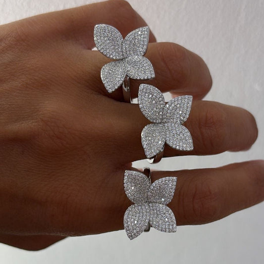 Anello Fiore 4 Petali, in Argento S925 e Zirconi