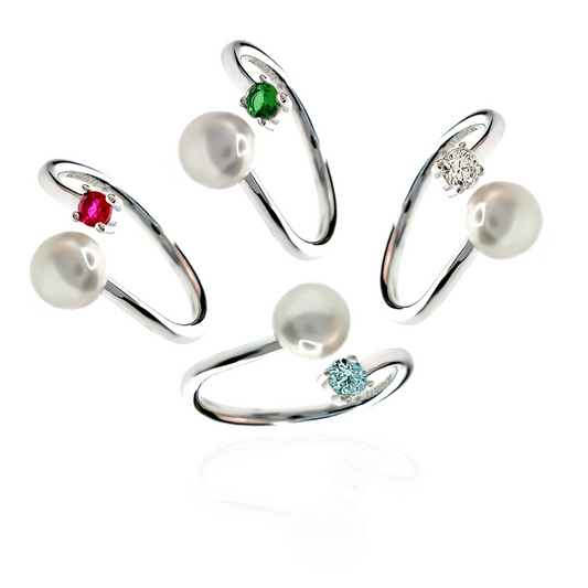 Anelli in argento 925 con perla da 6mm e gemma colorata, tra cui rubino, smeraldo, diamante e acquamarina.