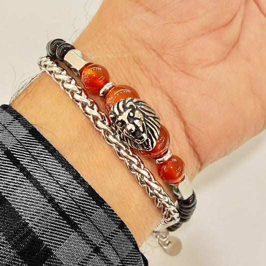 Bracciale Uomo con Leone e Corniola, in ACCIAIO