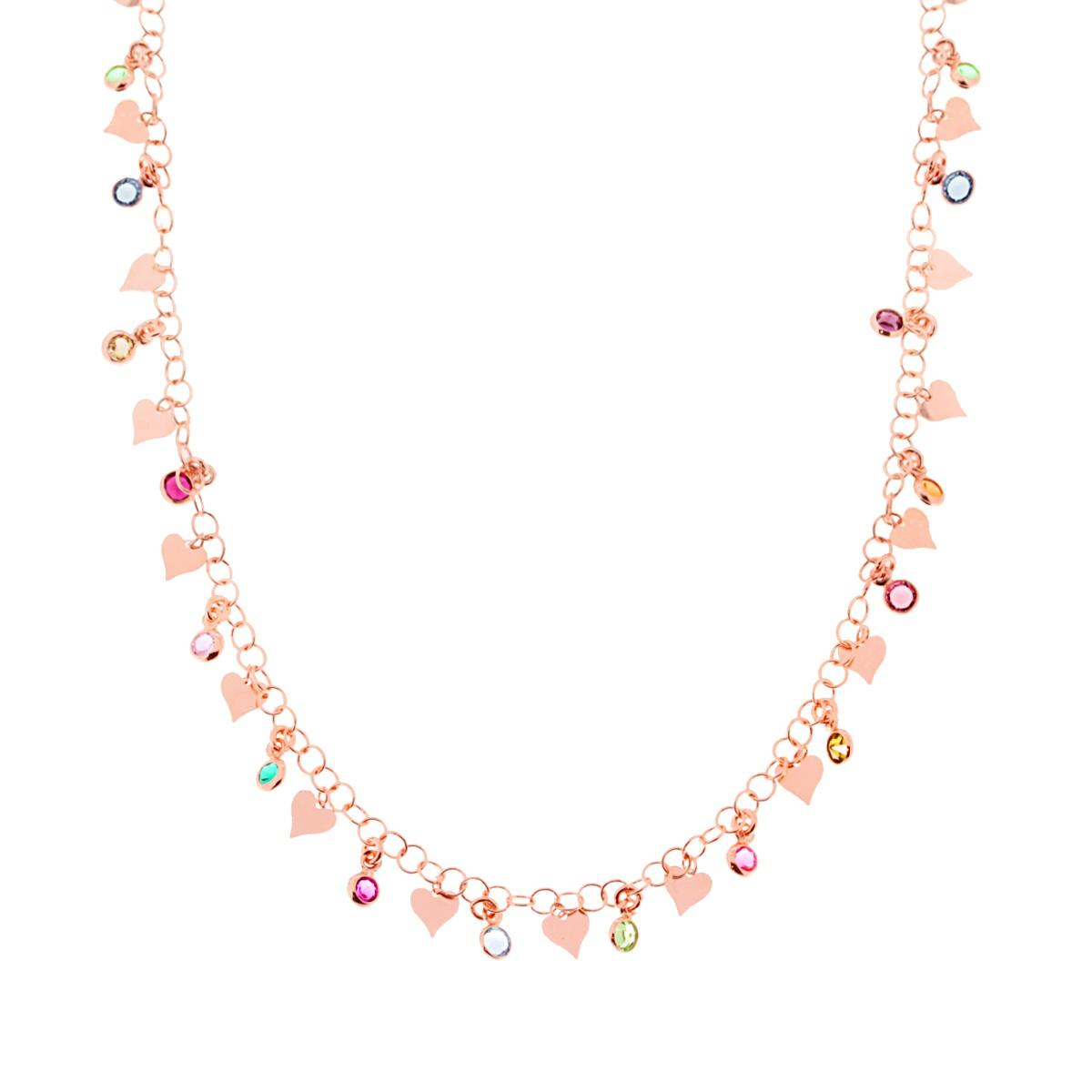 Collana a due fili in oro rosa con cuori pendenti e zirconi colorati.