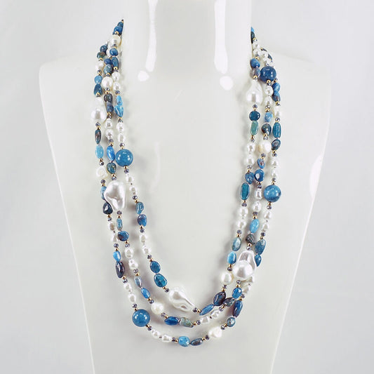 Long Necklace with Multicolor Sapphire Stones, S925 Silver and Gold