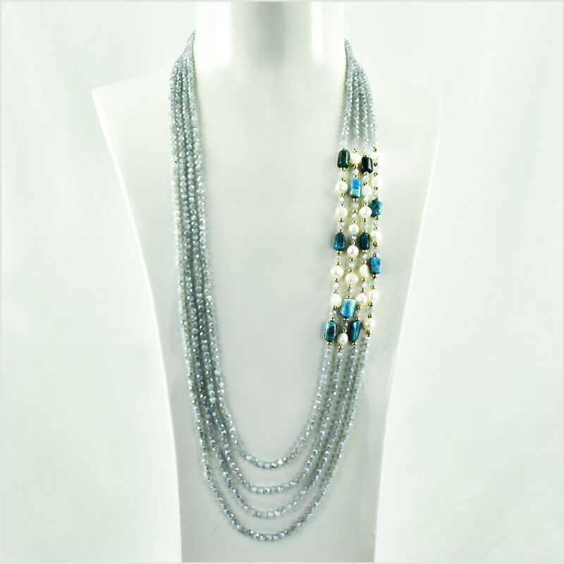 Collana Lunga 4 fili in Pietre di Apatite e Perle di fiume