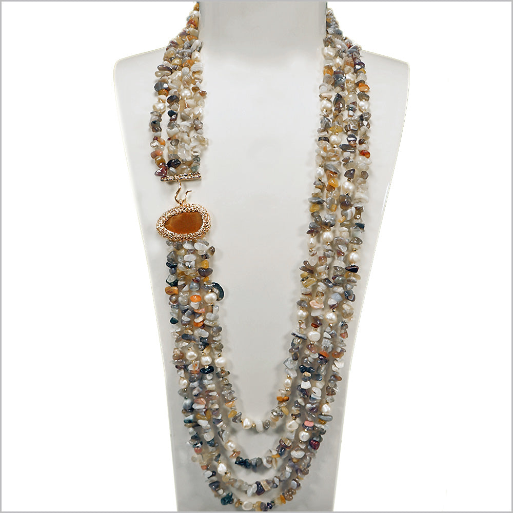 Long Necklace with Multicolor Sapphire Stones, S925 Silver and Gold