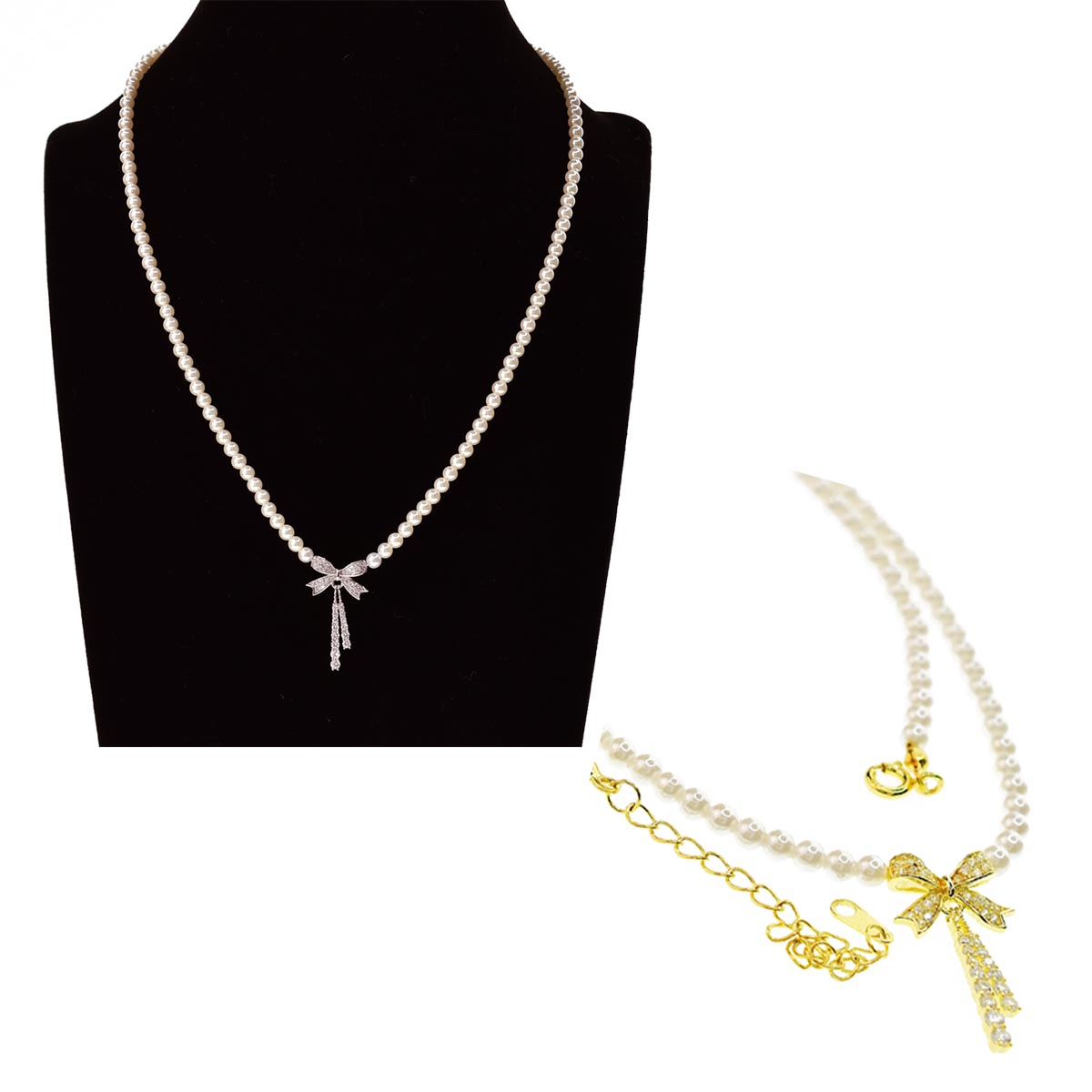 Collana con fiocco in argento 925, perle e zirconi.