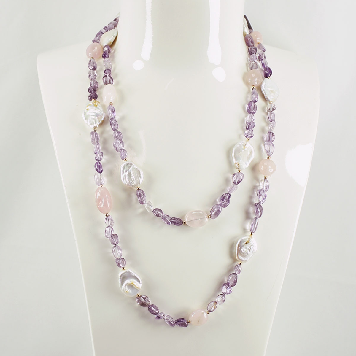 Long Necklace with Multicolor Sapphire Stones, S925 Silver and Gold