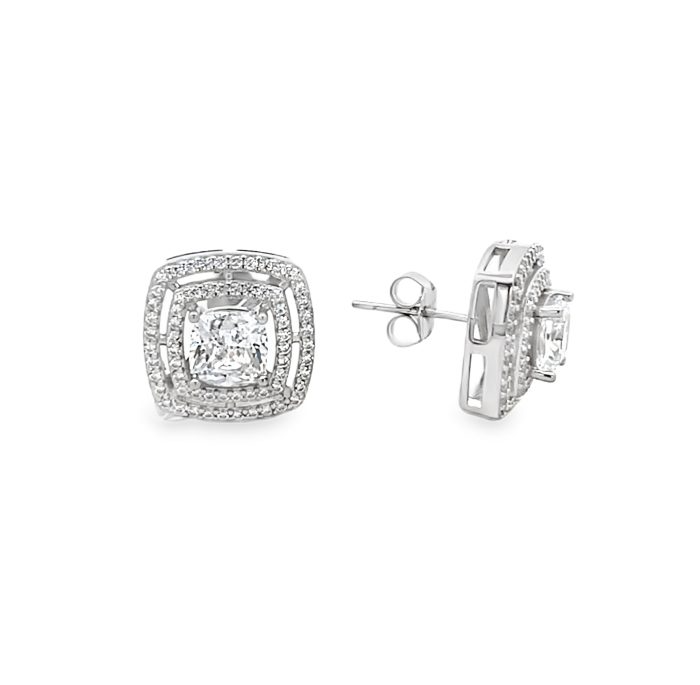 Orecchini a perno in argento a doppio halo con cuscino centrale e pavé di zirconi.