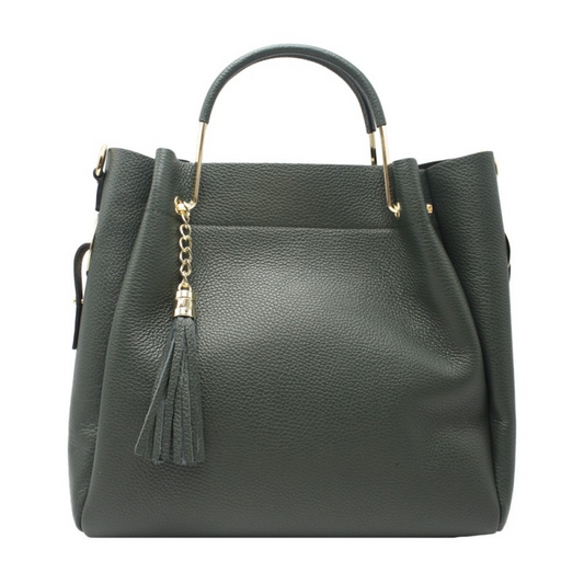 Borsa a mano da donna in pelle scura con dettagli dorati e nappina.