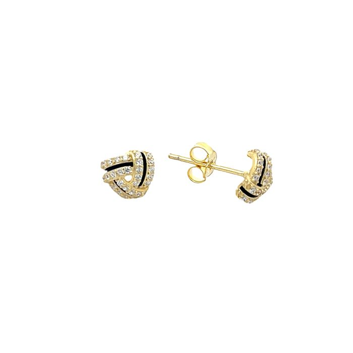 Orecchini a perno in oro a forma di nodo, decorati con pavé di zirconi e dettagli in smalto nero.