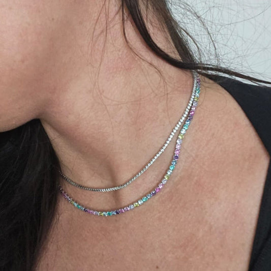 Collana Tennis Rainbow Paraiba, 3mm, Argento 925 e Zirconi