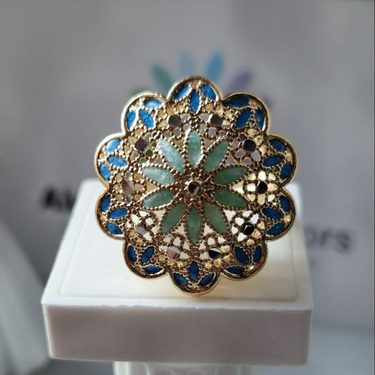 Anello Fiore Turchese in Filigrana Pregiata, Argento 925 e Bagno in Oro 18k
