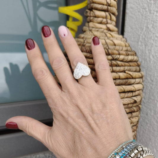 Anello Cuore Grande con Zirconi, in Argento 925