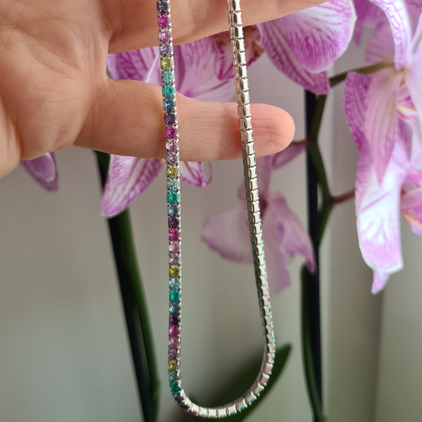 Collana Tennis Rainbow Paraiba, 3mm, Argento 925 e Zirconi