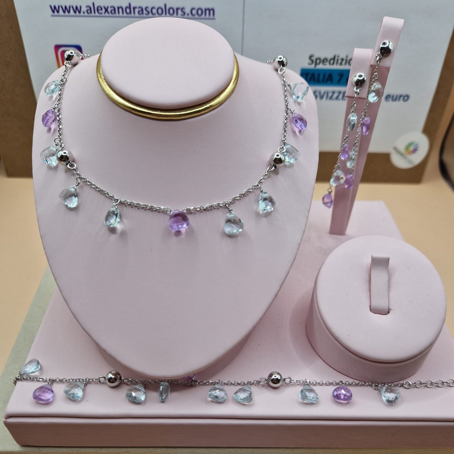 Lilac and Aquamarine Drop Necklace, 925 Silver