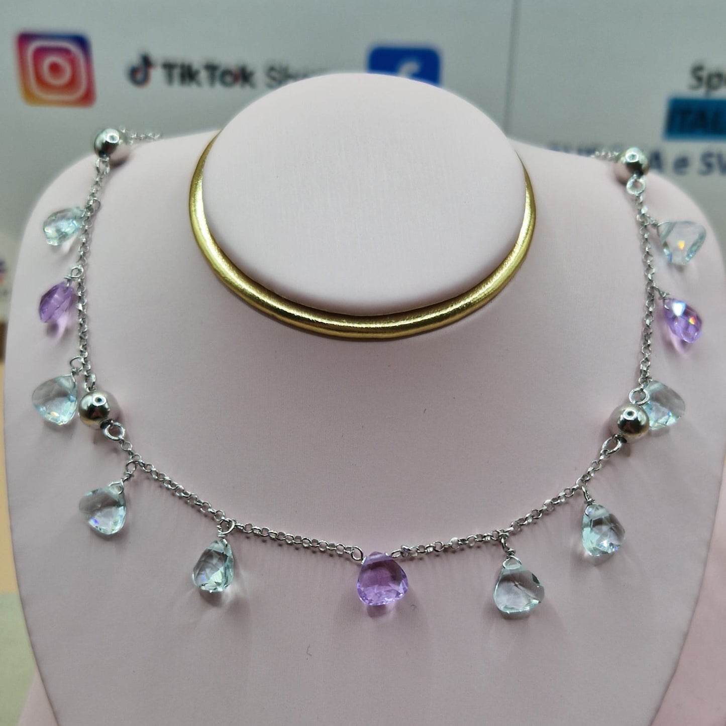 Collana Gocce Lilla e Acquamarina, Argento s925
