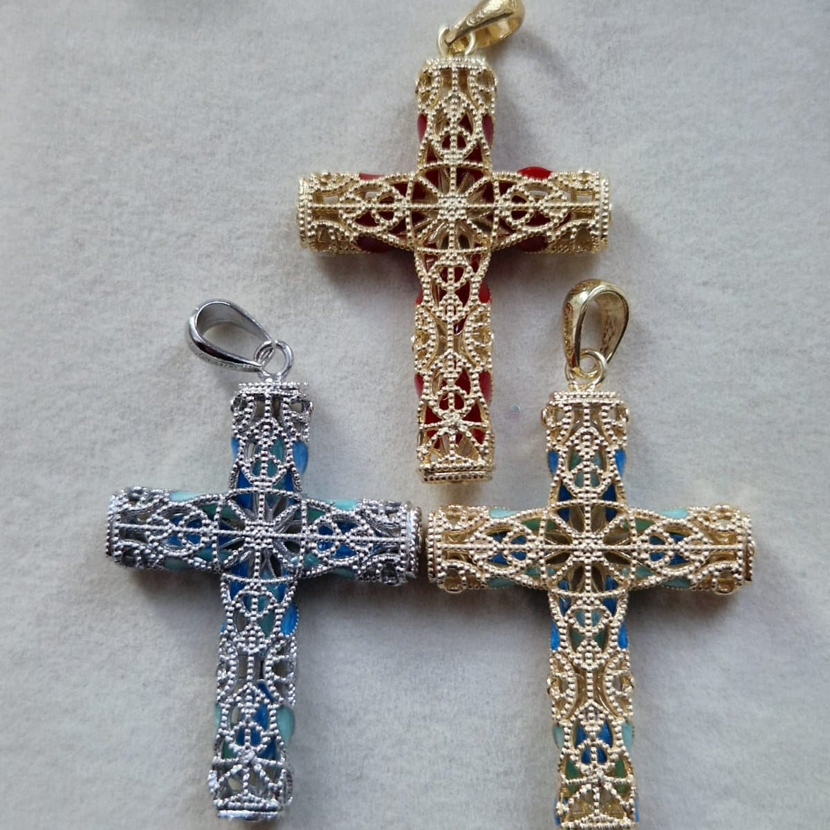 Ciondolo Croce Grande in Filigrana Preziosa, Argento s925 e oro giallo 18k