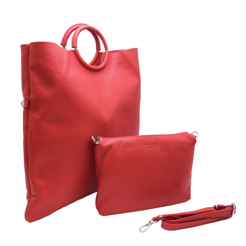 Borsa shopper e pochette in pelle rossa, con tracolla removibile.