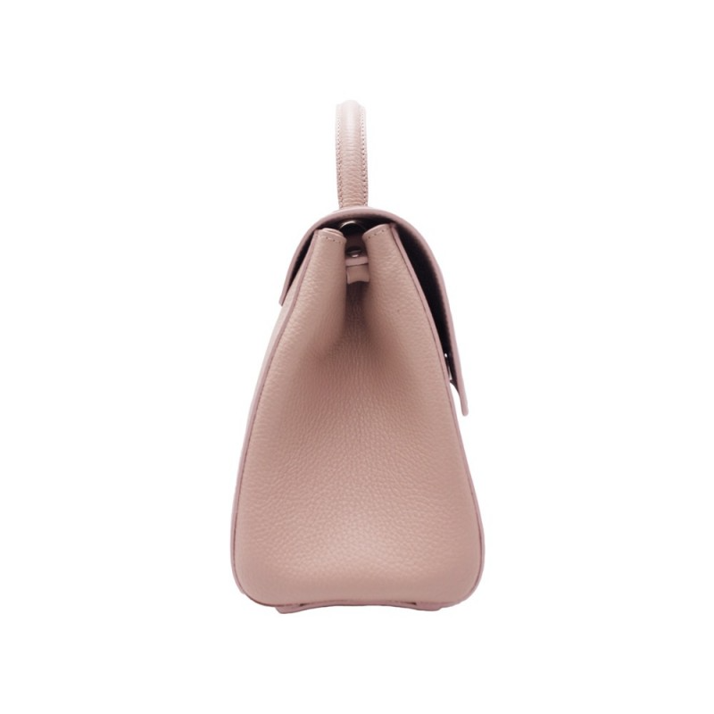 Borsa a mano da donna in pelle rosa cipria, vista laterale, manico singolo superiore.
