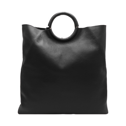 Borsa in pelle nera con manico rotondo, stile minimalista.